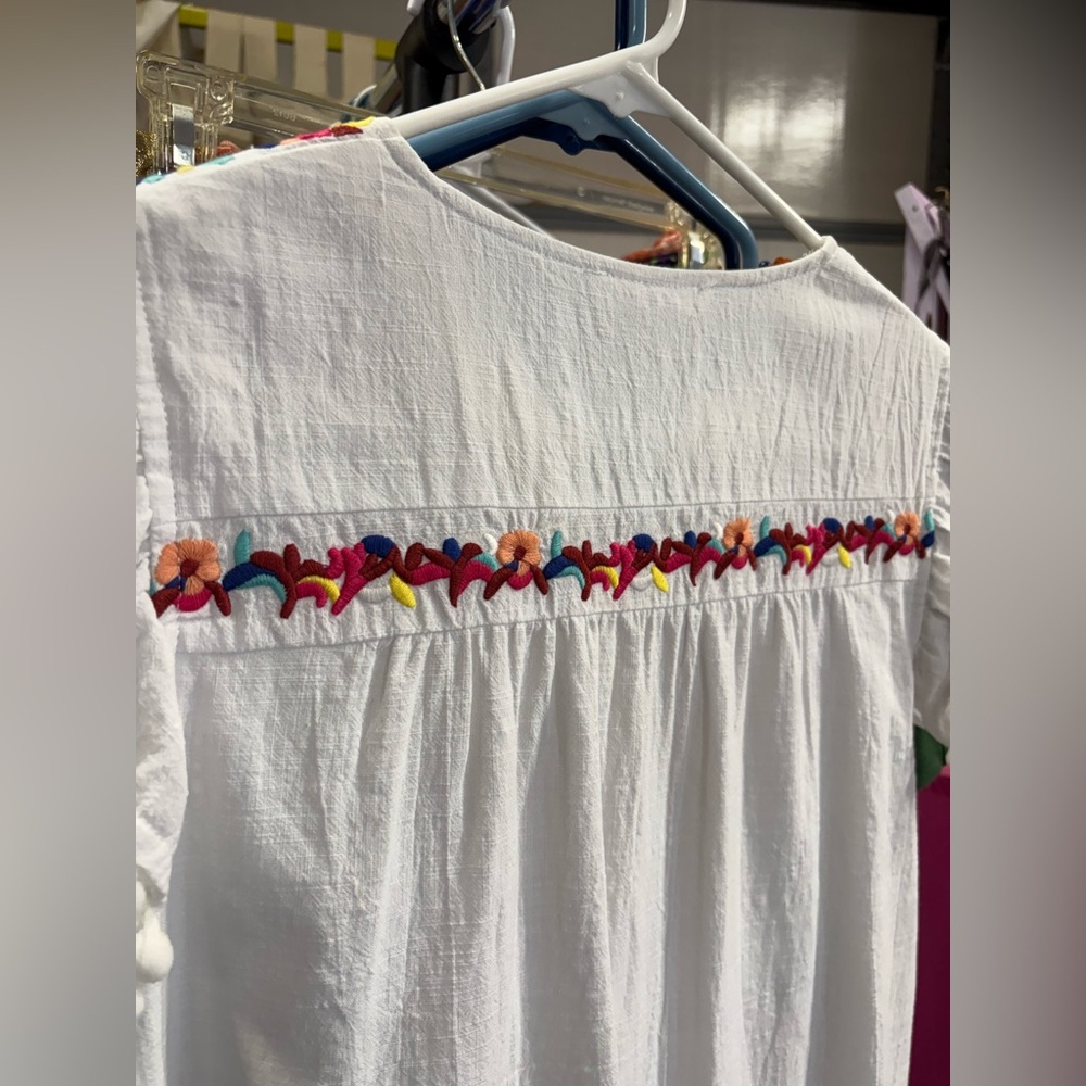 Kirundo White Embroidered Smock Midi Dress Pom Pom sleeves Size Medium - Picture 7 of 11